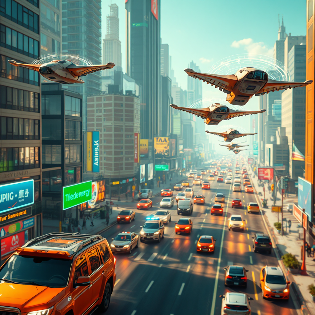 A futuristic cityscape with flying vehicles, where holographic AI assistants seamlessly manage traffic flow and energy consumption. The scene is vibrant and dynamic, showcasing the power of AI in smart city management. Lighting is bright and optimistic. The style references Blade Runner 2049's urban scenes.