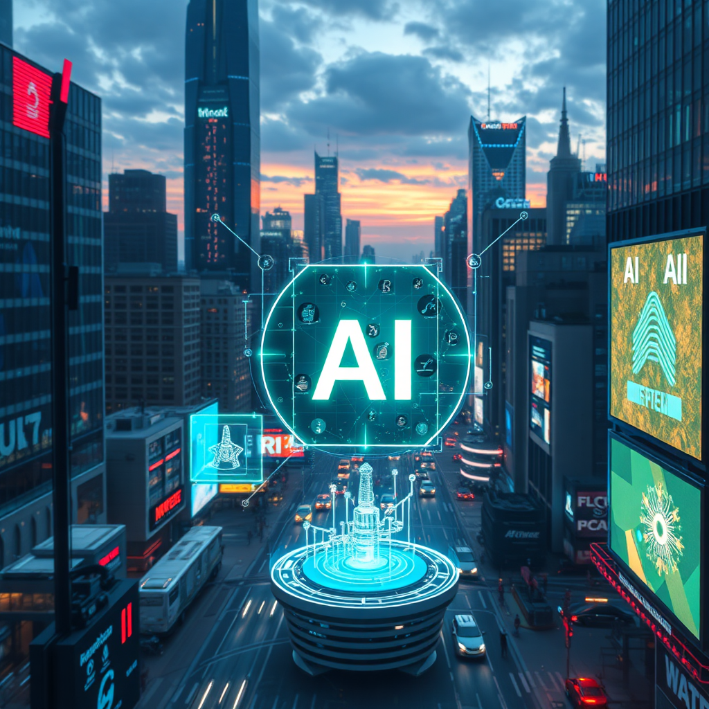 A futuristic cityscape with holographic displays showcasing the latest AI innovations. The scene is dynamic and visually stimulating, reflecting the excitement and potential of AI.