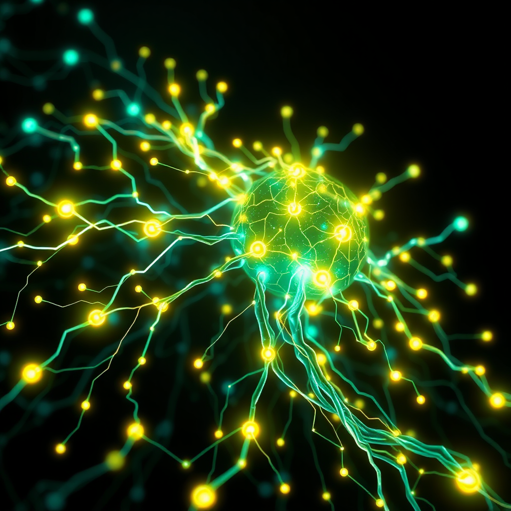 A glowing neural network, branching out and connecting to various digital devices and systems. This symbolizes the interconnectedness and intelligence of AI agents in the future. The style is futuristic and abstract.