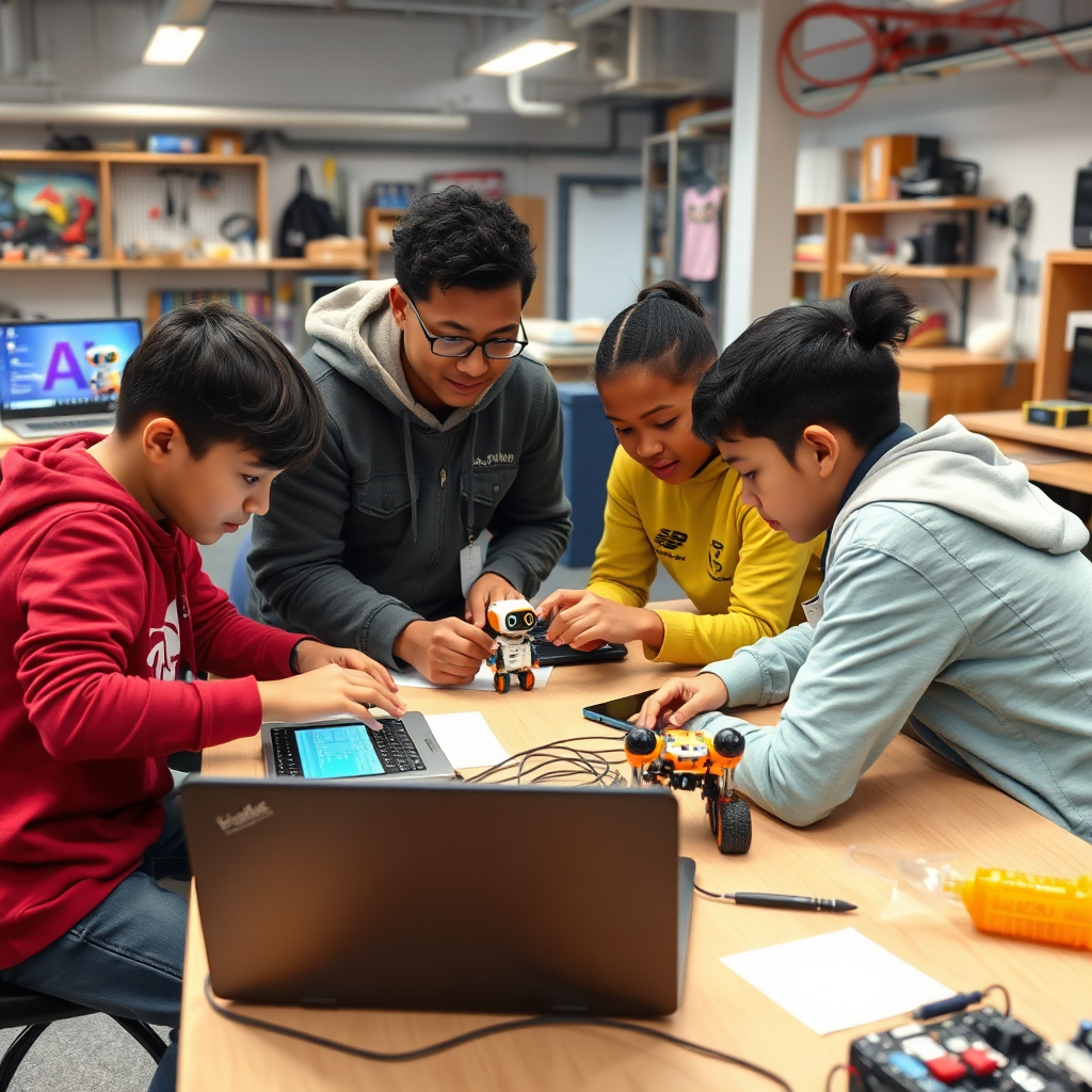 A group of students collaborating on an AI project, working on laptops and interacting with physical robots. The environment is a modern makerspace, filled with tools and equipment. The colors should be vibrant and energetic, reflecting the excitement of hands-on learning. The style should be dynamic and engaging, emphasizing the practical application of AI knowledge.