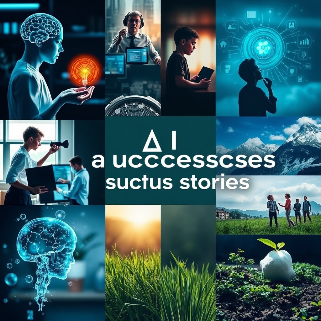 A montage of AI success stories, showcasing the positive impact of artificial intelligence in various fields, such as healthcare, education, and environmental conservation. The scene is inspiring and uplifting, highlighting the potential of AI to create a better future.