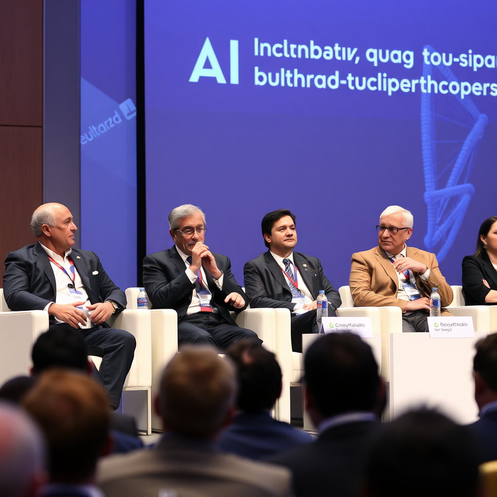 A panel of AI experts discussing the future of artificial intelligence at a high-profile conference. The scene is professional and authoritative, emphasizing the importance of expert knowledge.