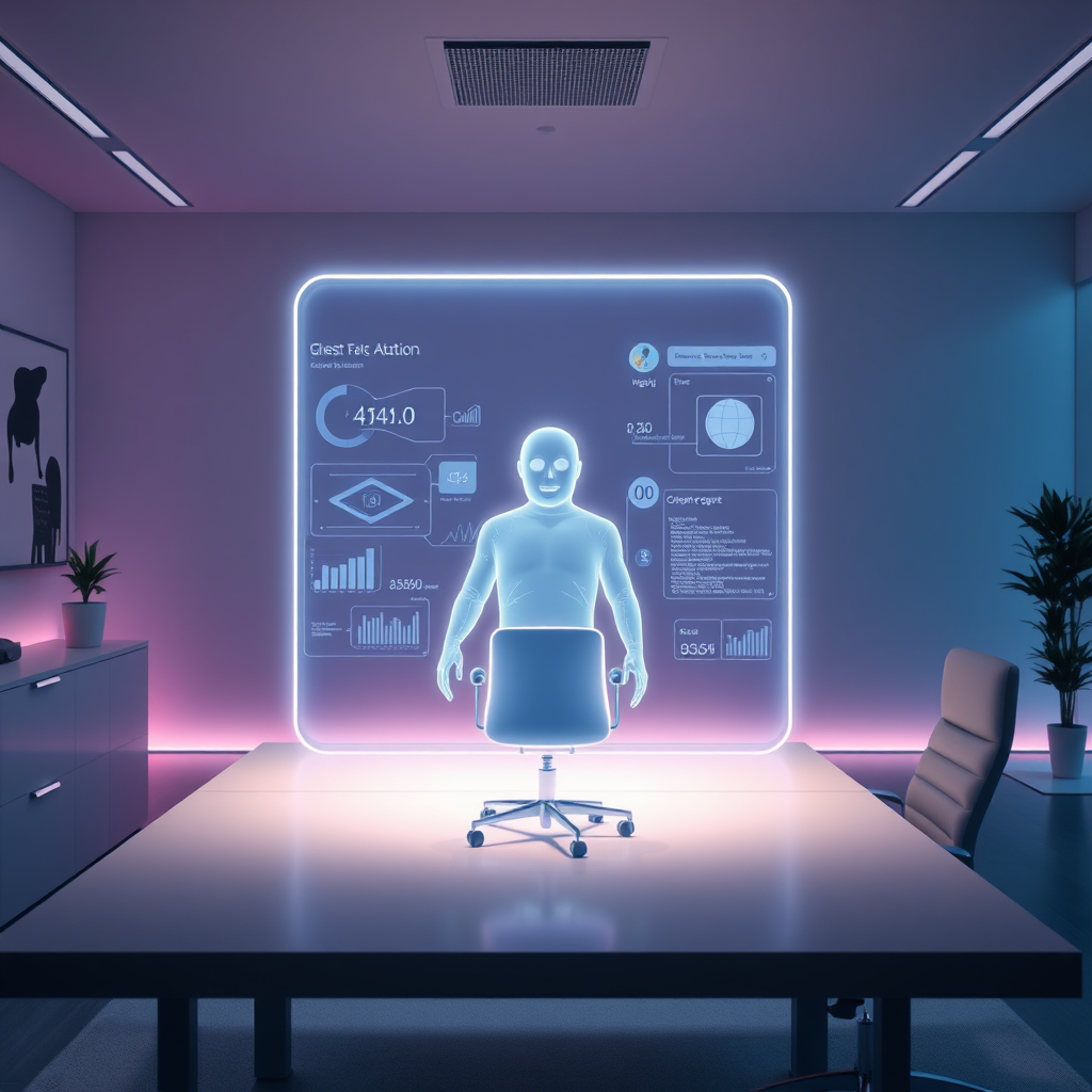 A photorealistic, ultra-high-quality header image for 'Ghost Ai Protocol'. The scene depicts a sleek, modern office environment bathed in soft, diffused lighting. In the center, a translucent, holographic AI agent, resembling a friendly, helpful persona, interacts with a user via a futuristic interface. The interface displays data visualizations, code snippets, and productivity tools. The color palette leans towards cool blues, purples, and soft whites, conveying intelligence and efficiency. Camera angle: a slightly low angle, emphasizing the AI agent's presence. Texture details should be sharp and realistic, showcasing the advanced technology. Props: A minimalist desk, a high-tech chair, and subtle ambient lighting. Style reference: 'Her' movie aesthetic, combined with a modern tech startup vibe. Technical specs: 8K resolution, hyperrealistic rendering.