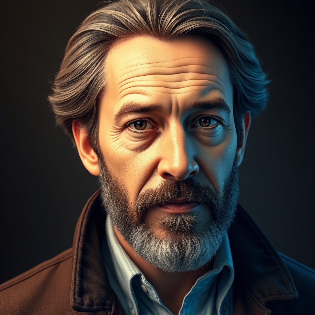 A portrait of an AI expert, depicted as a wise and knowledgeable figure with a subtle holographic overlay showing AI algorithms. The portrait should be realistic and highly detailed, with subtle textures and lighting effects. The color scheme should be primarily warm and inviting, with subtle accents of blue. The style should be authoritative and trustworthy, emphasizing the expertise of the trainer.