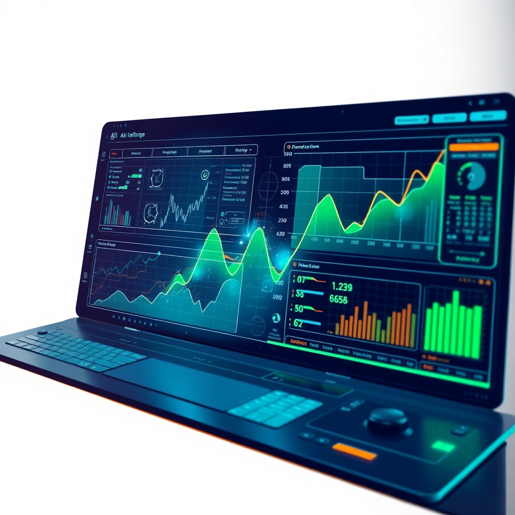 A sleek, futuristic interface displaying a complex AI algorithm in action. The interface should feature dynamic graphs, real-time data visualizations, and intuitive controls. The color scheme should be primarily dark blue and electric green, with subtle accents of orange. The style should be minimalist and modern, emphasizing the power and efficiency of the AI software. Add subtle holographic effects to enhance the futuristic feel.