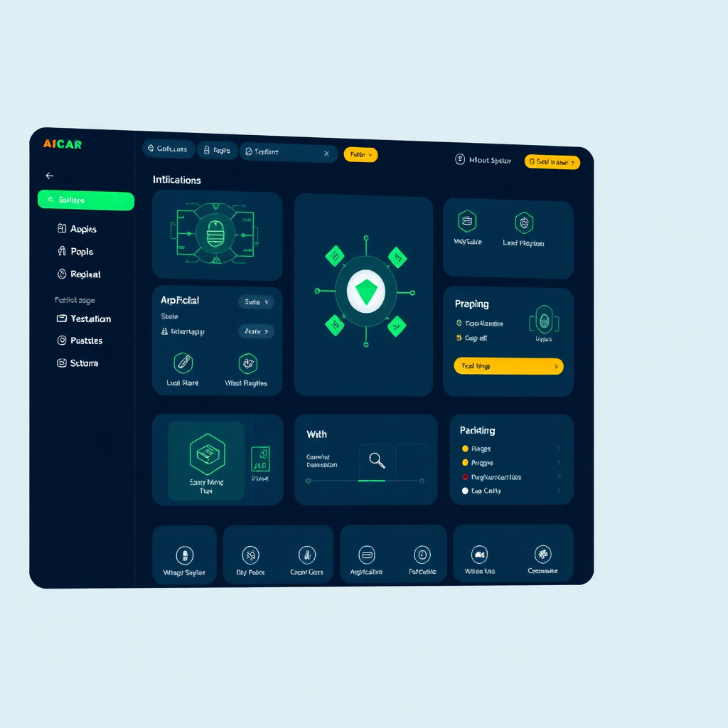 A sleek, modern interface displaying a range of AI software tools and applications. The interface should be intuitive and user-friendly, with clear and concise icons and labels. The color scheme should be primarily dark blue and electric green, with subtle accents of orange. The style should be minimalist and efficient, emphasizing the ease of use of the software.