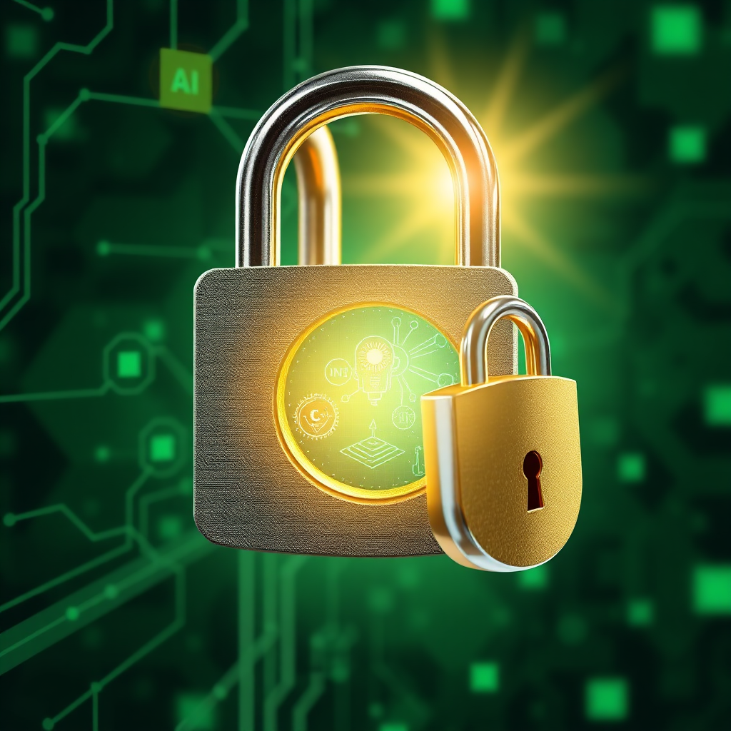 A stylized image of a padlock unlocking, revealing a bright, glowing landscape filled with AI-powered technologies. The padlock should be metallic and highly detailed, with subtle textures and reflections. The color scheme should be primarily silver and gold, with subtle accents of green. The style should be symbolic and inspiring, emphasizing the potential of AI.
