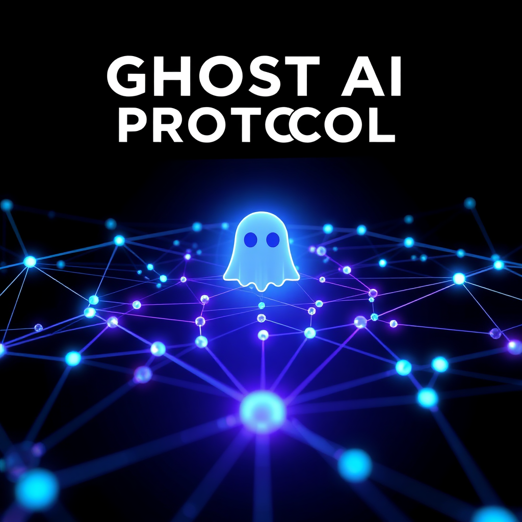 A stylized image representing Ghost Ai Protocol's mission. The scene depicts a network of interconnected nodes and lines, glowing softly against a dark background. These nodes represent AI agents working collaboratively. At the center, a stylized, geometric representation of a ghost symbolizes the brand. The color palette focuses on deep blues, purples, and electric greens, suggesting intelligence and innovation. Camera angle: a wide shot, showcasing the interconnectedness of the AI network. Texture details: subtle light flares and depth-of-field effects. Style reference: Tron Legacy visuals, blended with minimalist data visualization. Technical specs: 4K resolution, high-quality rendering with realistic lighting effects.