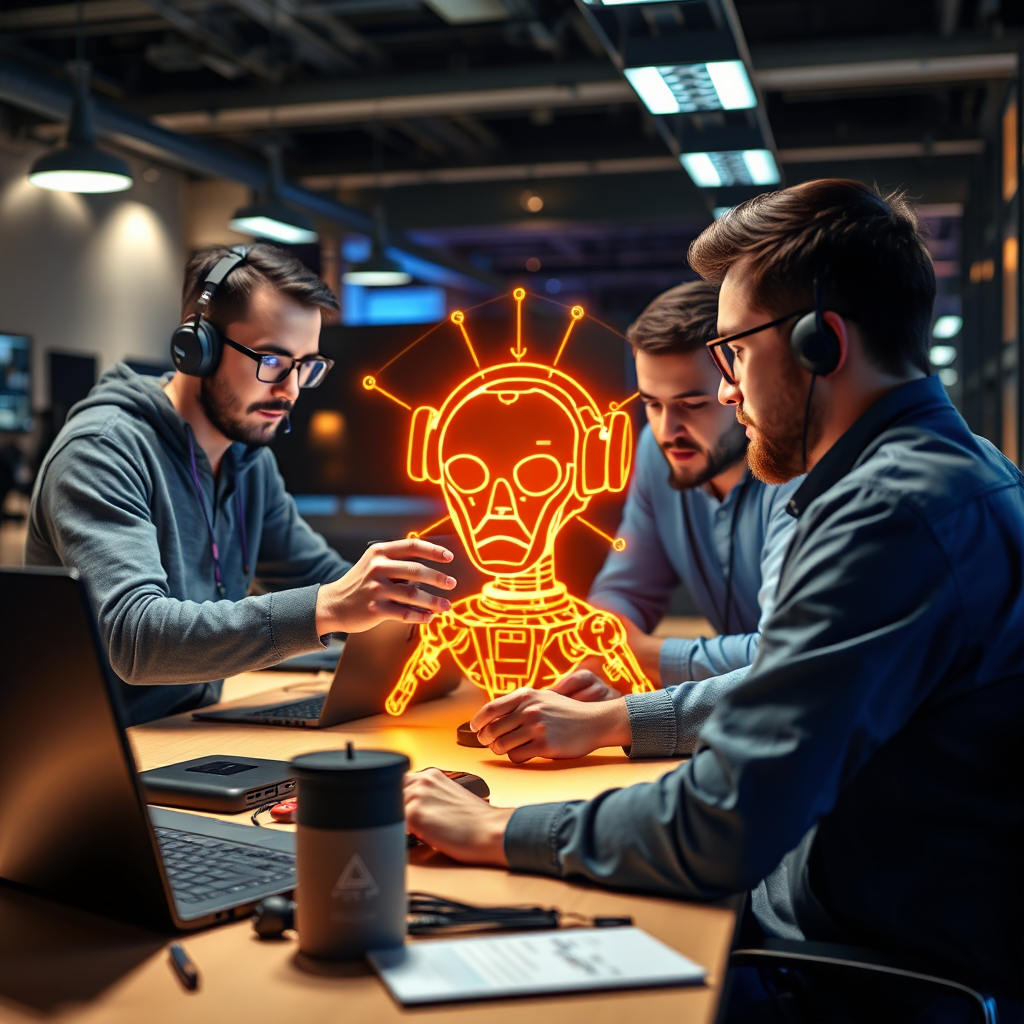 A team of AI developers collaborating on the design and implementation of a custom AI agent. The scene is modern and innovative, showcasing the expertise and dedication of the development team.