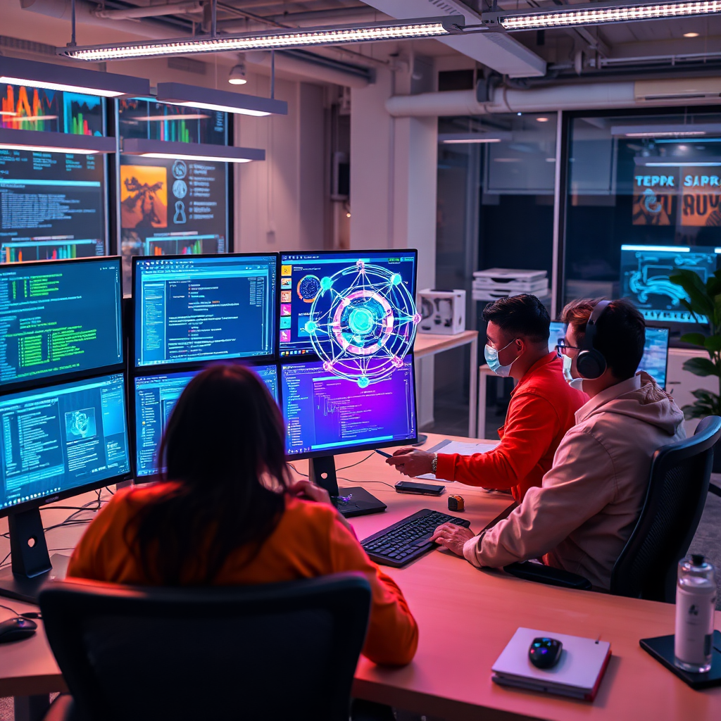 A team of AI developers collaborating on a complex software project, working on multiple monitors and interacting with holographic displays. The environment is a modern and collaborative workspace, filled with creative energy. The colors should be vibrant and energetic, reflecting the excitement of AI development. The style should be dynamic and innovative, emphasizing the cutting-edge nature of the work.