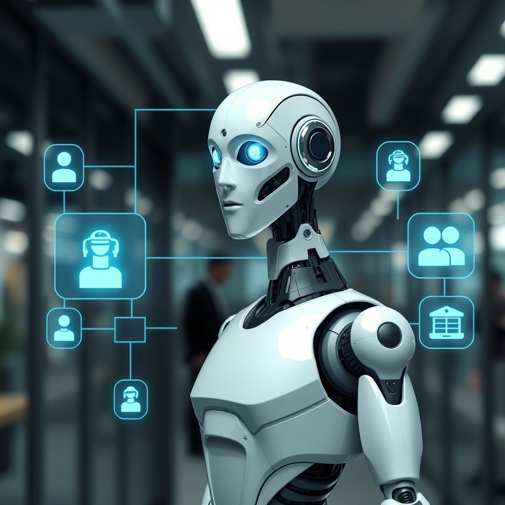 An AI bot seamlessly integrating into a company's existing infrastructure, streamlining processes and enhancing efficiency. The scene is smooth and effortless, emphasizing the ease of integration.