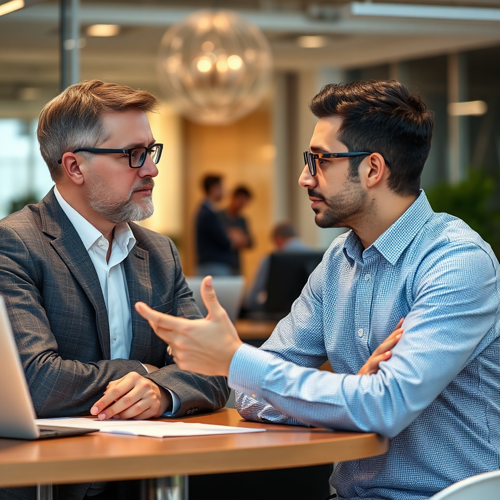 An AI consultant providing strategic advice to a business executive, helping them understand the potential of AI and develop a roadmap for success. The scene is professional and collaborative, emphasizing the importance of expert guidance.