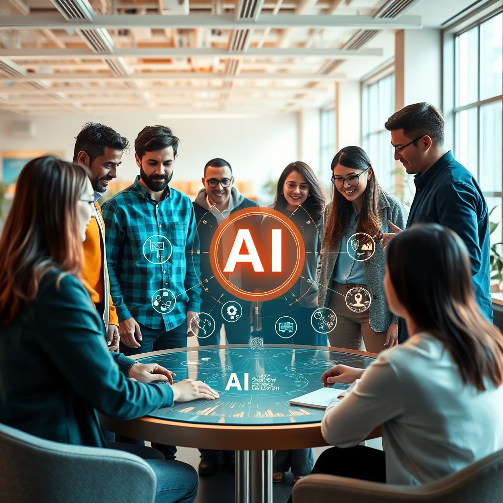 Create a 4K, high-quality image that represents Shadow Flux AI's mission of democratizing AI. The image should feature a diverse group of people collaborating around a holographic display showcasing various AI algorithms and applications. The environment is a modern, open-plan office space filled with natural light. Dominant colors are teal, orange, and white, creating a warm and inviting atmosphere. The composition should be balanced and harmonious, with a focus on the collaborative aspect of AI development. The overall style should be clean, modern, and approachable, similar to the design aesthetic of companies like Google or Microsoft. Add subtle textures of brushed metal and soft fabrics to enhance the realism.