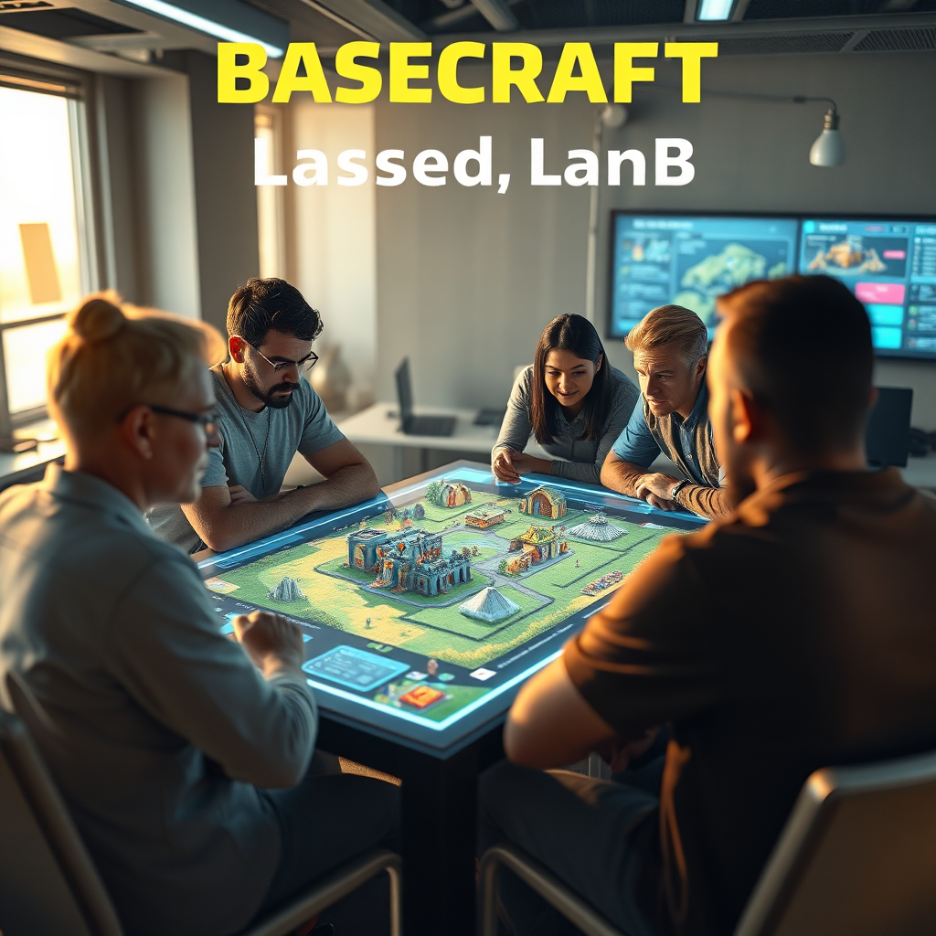 Create a 4K photorealistic image representing Basecraft Lab's mission. The scene depicts a diverse group of Clash of Clans players collaborating around a holographic table projecting a 3D model of a Clash of Clans base. Each player is focused and engaged, representing different roles and playstyles. The lighting is warm and inviting, emphasizing collaboration and learning. The environment is a modern, high-tech gaming lab. Camera angle is eye-level, focusing on the interaction between the players. Textures should be detailed, capturing the realism of the players and the technology. Style: Realistic but with a touch of futuristic technology. Include elements like glowing interfaces and stylized data streams. Technical specs: 4K resolution, high-quality rendering.