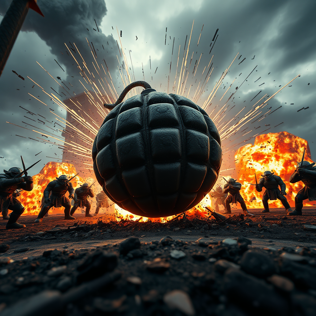 Create a close-up view of a strategically placed Giant Bomb detonating beneath a group of unsuspecting giants. The explosion is powerful and destructive, sending shockwaves through the surrounding area. The environment is a war-torn battlefield. Camera angle is a low-angle shot, emphasizing the force of the explosion. Style: Realistic with a focus on explosive impact and strategic trap placement. Technical specs: 4K resolution, high-quality rendering.