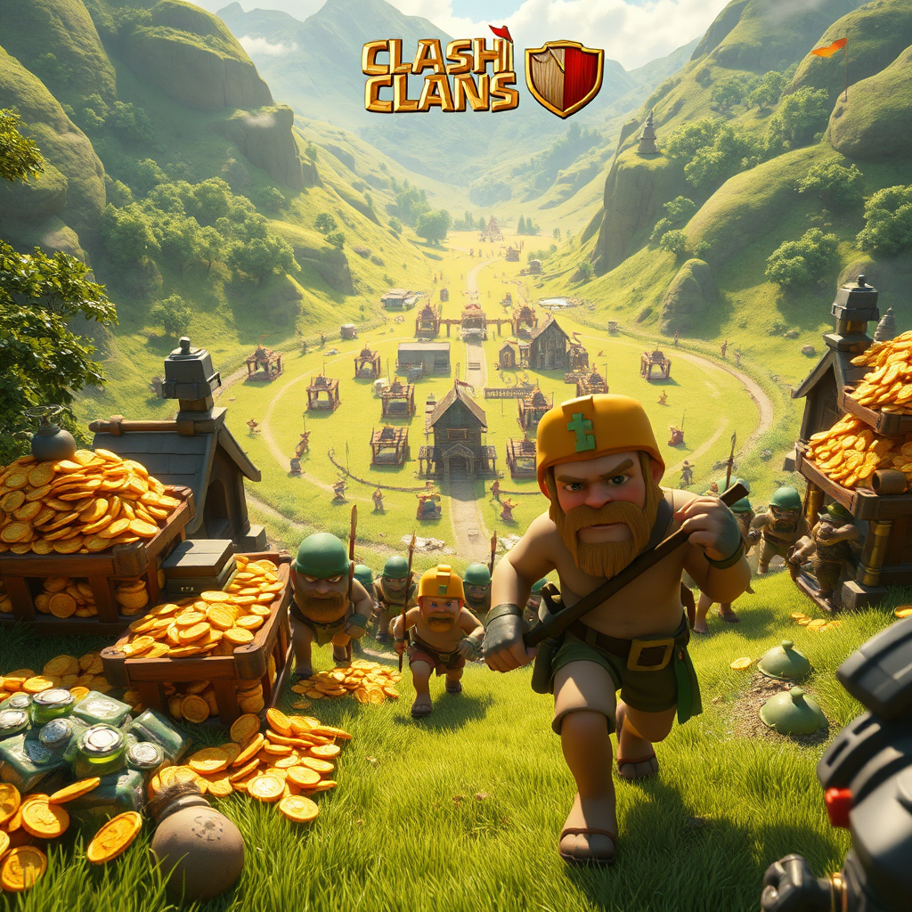 Create a photorealistic image of a Clash of Clans village with overflowing resource storages. Gold coins, elixir drops, and dark elixir pools are prominently displayed. A determined farmer character is leading a troop of goblins towards a resource-rich enemy base in the distance. The environment is a lush and fertile valley, symbolizing abundance and prosperity. Camera angle is a medium shot, capturing the energy and excitement of a farming raid. Style: Realistic with a focus on resource abundance and strategic raiding. Technical specs: 4K resolution, high-quality rendering.