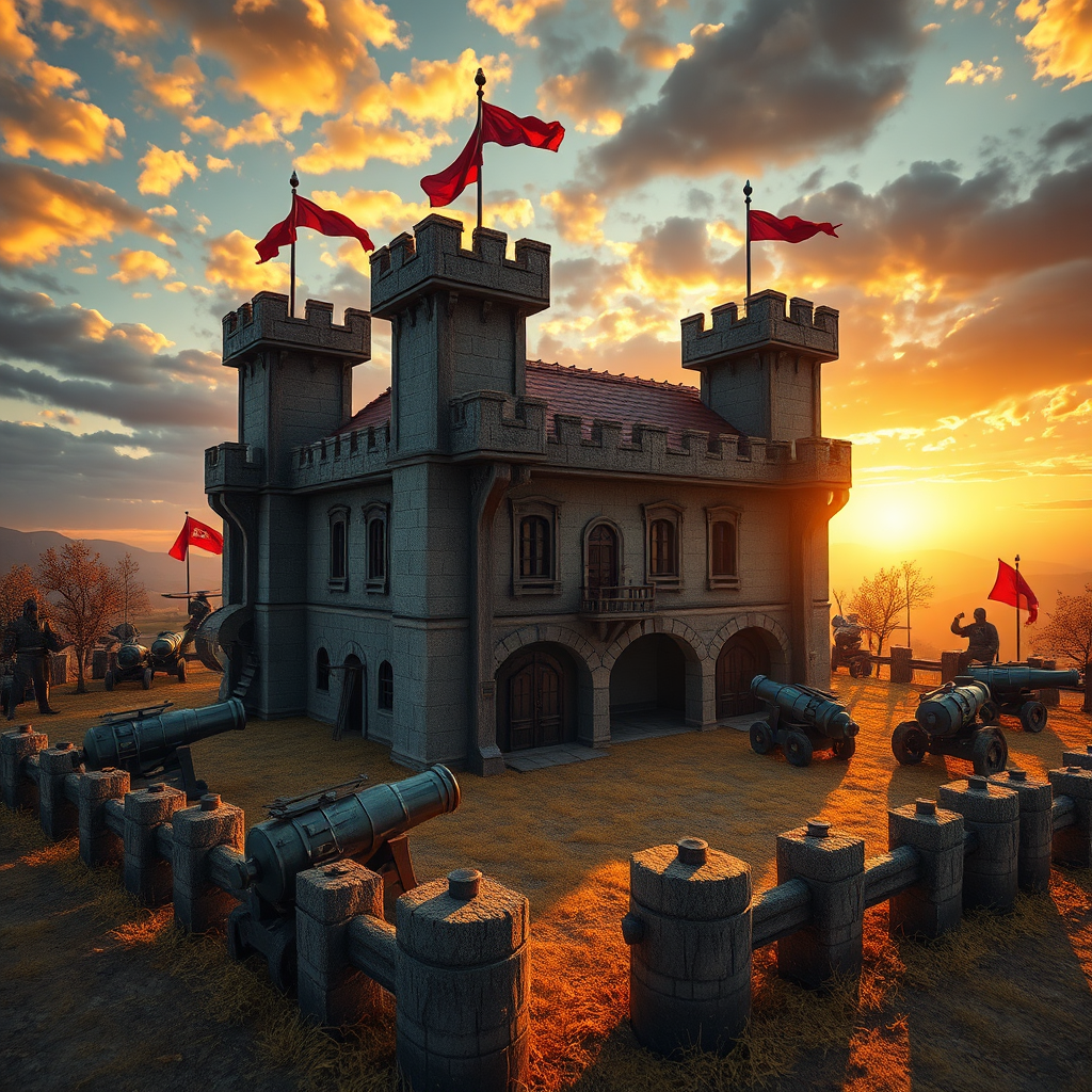 Create a photorealistic image of a Town Hall being fortified with various defensive structures. Archer Towers, Cannons, and Mortars are strategically placed to create overlapping zones of protection. The scene is illuminated by a dramatic sunset, casting long shadows and highlighting the defensive strength of the base. Camera angle is a low-angle shot, emphasizing the height and power of the defenses. Style: Realistic with a focus on strategic defense placement. Include visual cues like targeting lines and overlapping zones of protection. Technical specs: 4K resolution, high-quality rendering.