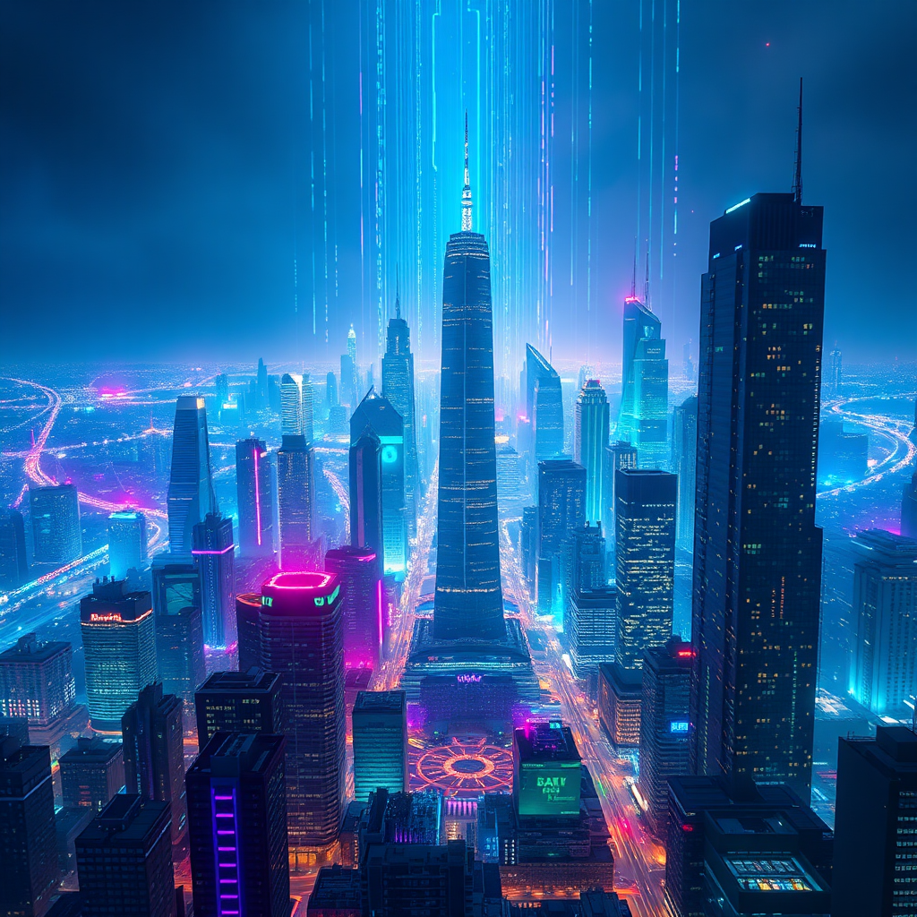 Create a photorealistic, ultra-high-quality 8K image for Shadow Flux AI, an online store specializing in AI software and training. The image should depict a futuristic cityscape with streams of light representing data flow converging towards a central hub, symbolizing the power of AI. Dominant colors are electric blue, deep purple, and neon green, suggesting innovation and advanced technology. Use a wide-angle lens to capture the vastness of the city. The lighting should be dramatic, with glowing skyscrapers and shimmering holographic displays. Add subtle textures of circuit boards and digital interfaces overlaid on the cityscape. The overall style should evoke a sense of limitless possibilities and intelligent solutions, resembling the visual style of "Blade Runner 2049" but with a focus on data streams and AI connectivity.