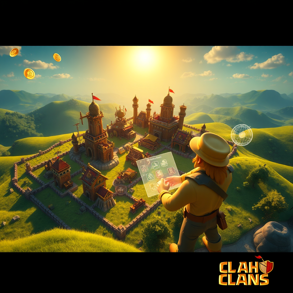 Create a photorealistic, ultra-high quality 8K header image for a Clash of Clans blog. The scene depicts a meticulously designed Clash of Clans base, bathed in the golden light of a late afternoon sun. The base is intricately detailed, showcasing various defensive structures like Archer Towers, Cannons, and Wizard Towers. In the foreground, a farmer character (stylized but realistic) is strategically planning troop deployments using a holographic interface. The environment is lush and vibrant, with rolling green hills and a clear blue sky. The camera angle is a high-angle shot, providing a comprehensive view of the base and its surroundings. Textures should be hyperrealistic, capturing the minute details of the structures and the landscape. Style: Mix of realism and slight fantasy elements. Include some floating gold coins and elixir drops to emphasize farming. Technical specs: 8K resolution, hyperrealistic rendering.