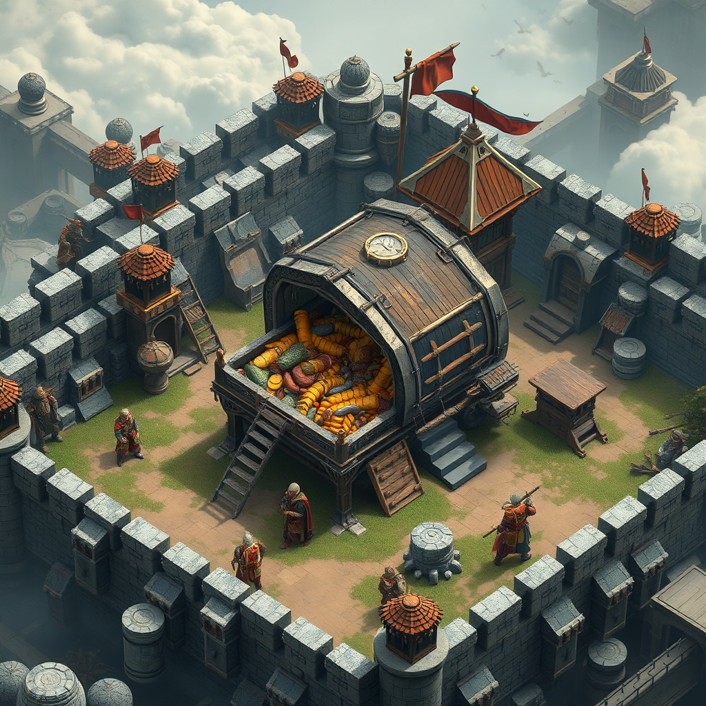 Create a scene showing a Loot Cart heavily defended with surrounding walls, traps, and defensive buildings. The Loot Cart is overflowing with resources, representing a valuable target for attackers. Style is realistic with a focus on protection and value. Camera angle should be a medium shot. Technical specs: 4K resolution, high-quality rendering.