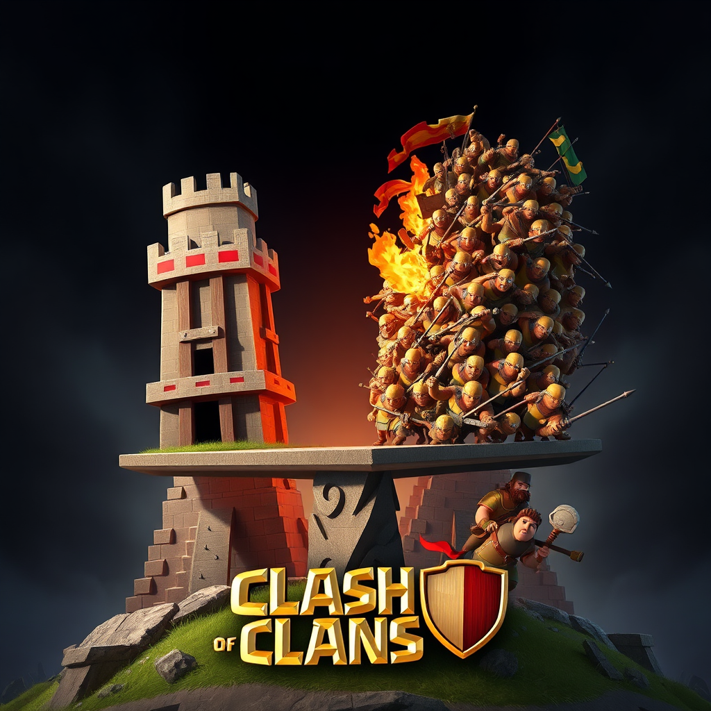 Create a stylized image representing the balance between defense and offense in Clash of Clans. On one side, a towering defensive structure is depicted, while on the other side, a powerful troop of attacking units is charging forward. A scale is balanced perfectly between them. The background should be epic. Camera angle should be a medium shot, showing both sides in equal measure. Style: Stylized and symbolic, emphasizing the concept of balance. Technical specs: 4K resolution, high-quality rendering.