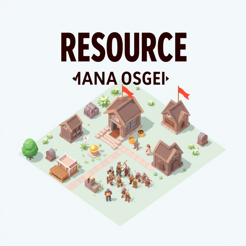 Create a stylized image representing efficient resource management. Depict a village with balanced storages, actively upgrading buildings, and researching troops. The environment is clean and organized. Style is symbolic with focus on balance. Camera angle should be a medium shot. Technical specs: 4K resolution, high-quality rendering.