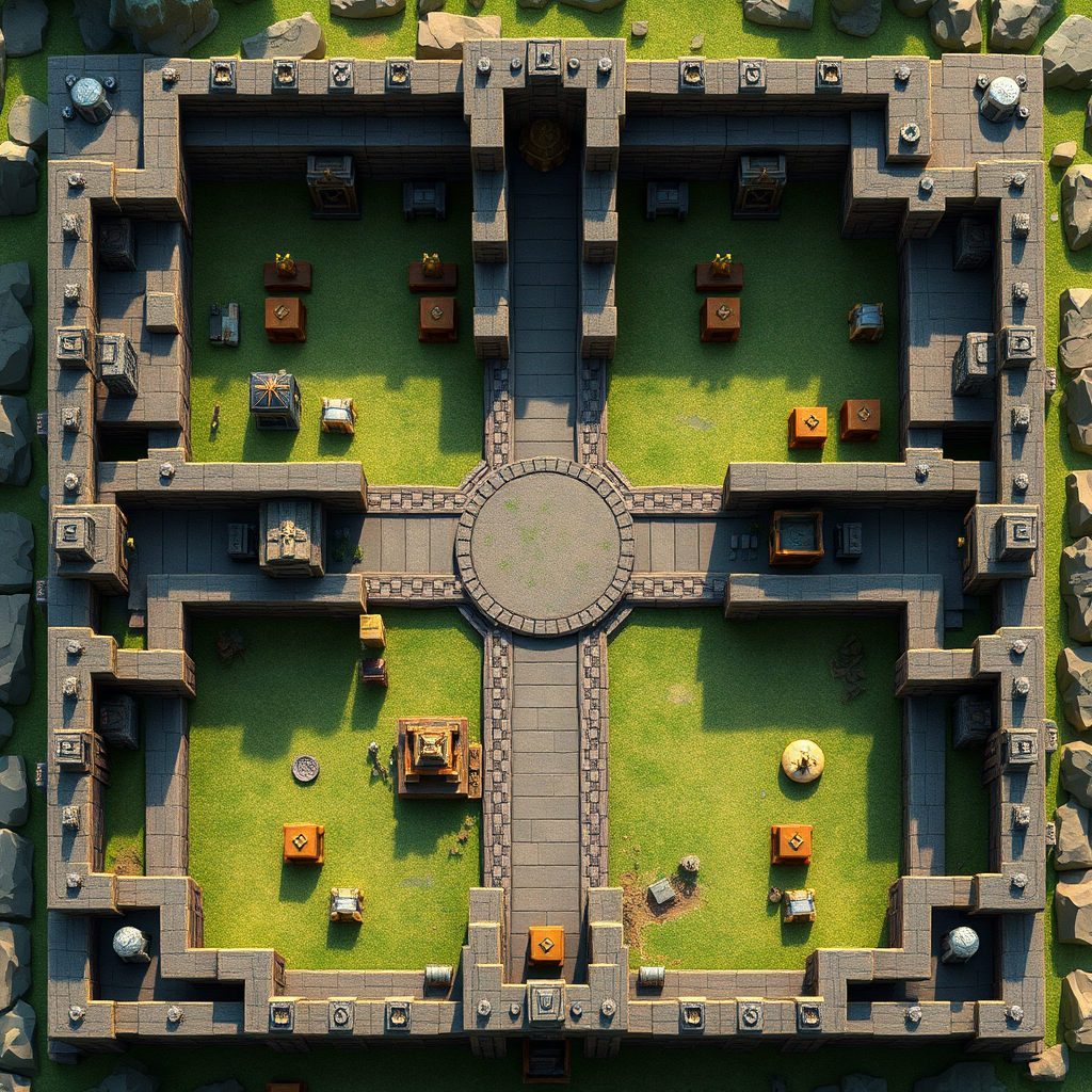 Create a top-down view of a Clash of Clans base meticulously designed with multiple compartments. Each compartment contains key defensive structures and resource storages. The layout is complex and confusing, designed to deter attackers. Camera angle is directly overhead, providing a clear view of the base layout. Style: Realistic with a focus on strategic compartment design. Include visual cues like pathways and potential attack routes. Technical specs: 4K resolution, high-quality rendering.
