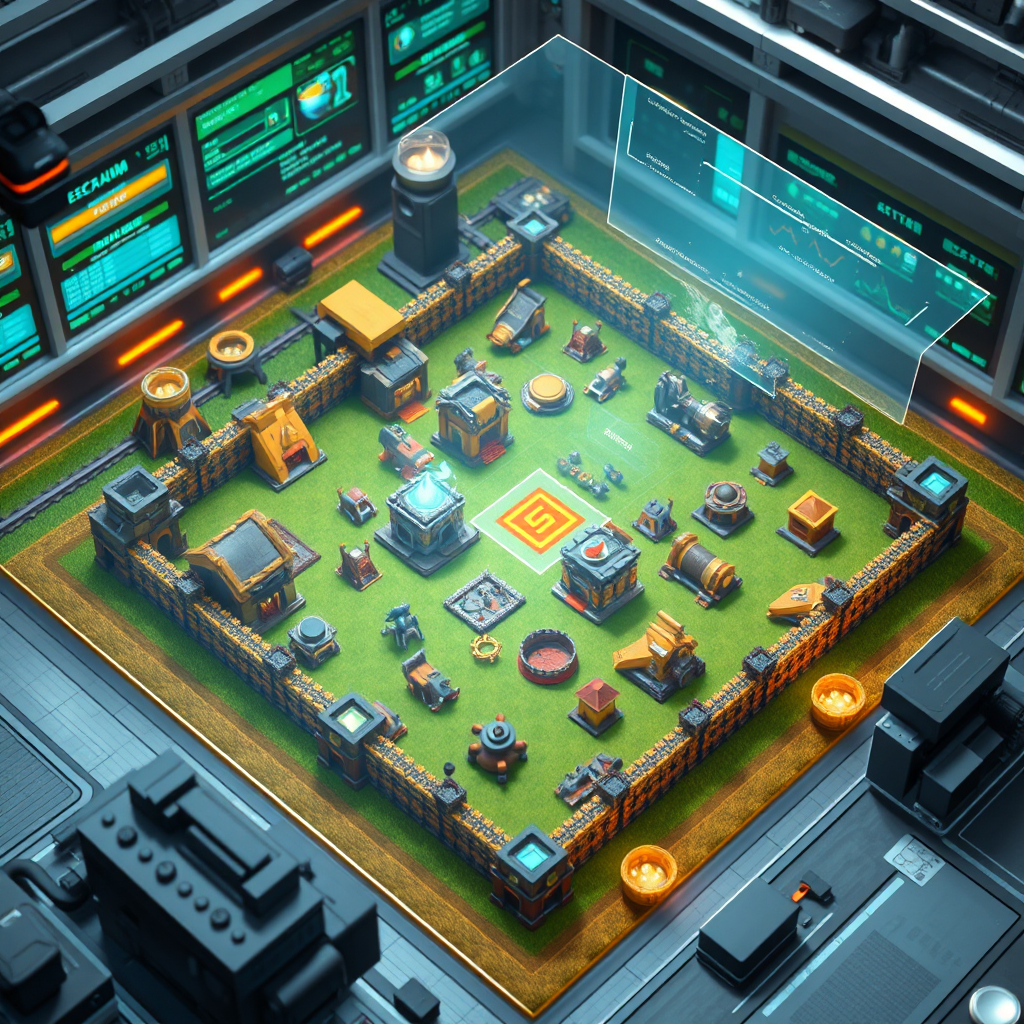 Create an image depicting a detailed analysis of a Clash of Clans base. A holographic overlay highlights potential weaknesses and strategic vulnerabilities. The environment is a high-tech analysis lab. Camera angle should be a medium shot. Style is realistic. Technical specs: 4K resolution, high-quality rendering.