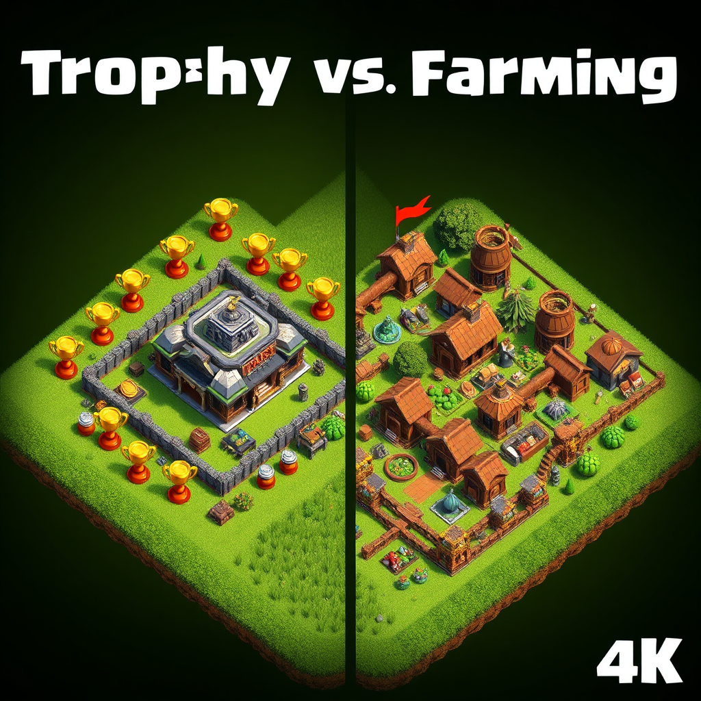 Create an image representing the two contrasting strategies of trophy pushing and farming. On one side, a Clash of Clans base is surrounded by trophies, symbolizing competitive gameplay. On the other side, a village overflowing with resources represents efficient farming. Style is symbolic. Camera angle should be a medium shot. Technical specs: 4K resolution, high-quality rendering.