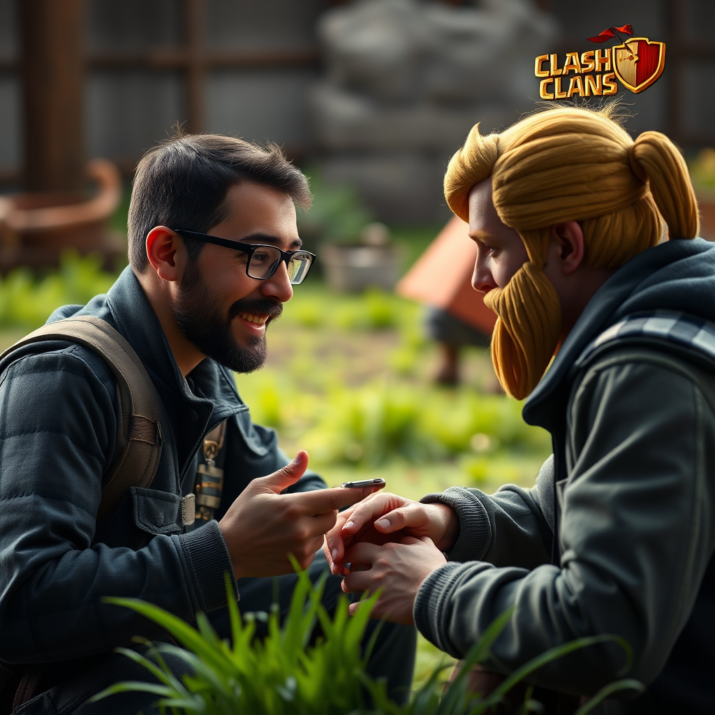 Create an image showing a Clash of Clans coach providing personalized guidance to a player on farming strategies. The scene emphasizes personalized learning and mentorship. Style is realistic. Camera angle should be a medium shot. Technical specs: 4K resolution, high-quality rendering.