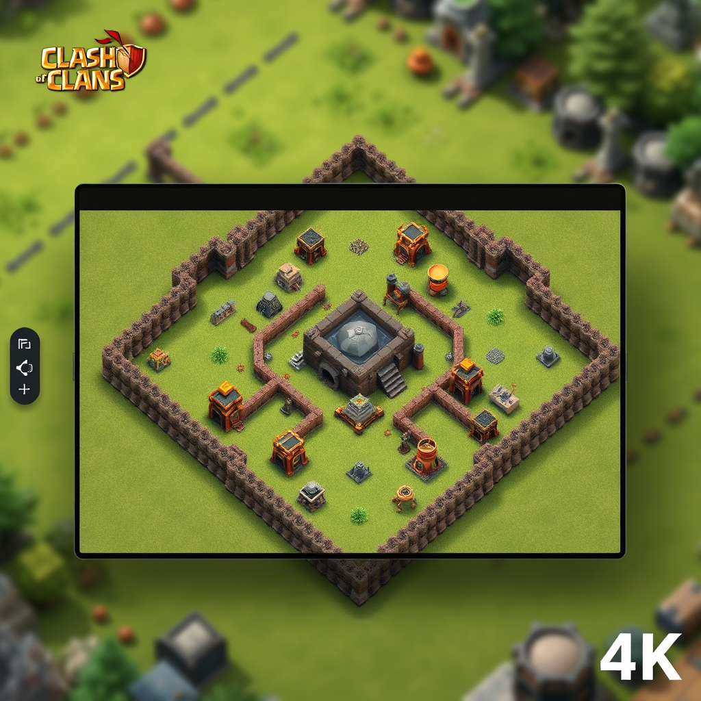 Create an image showing a personalized Clash of Clans base layout being created on a digital interface. The layout is optimized for defense and resource protection. Style is realistic. Camera angle should be a medium shot. Technical specs: 4K resolution, high-quality rendering.