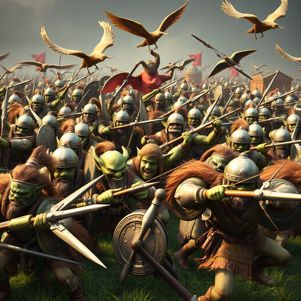 Depict a diverse army composition specifically designed for farming, consisting of goblins, archers, and barbarians. The troops are eager and ready to raid a resource-rich enemy base. Include some flying units. Style is realistic. Camera angle should be a medium shot. Technical specs: 4K resolution, high-quality rendering.