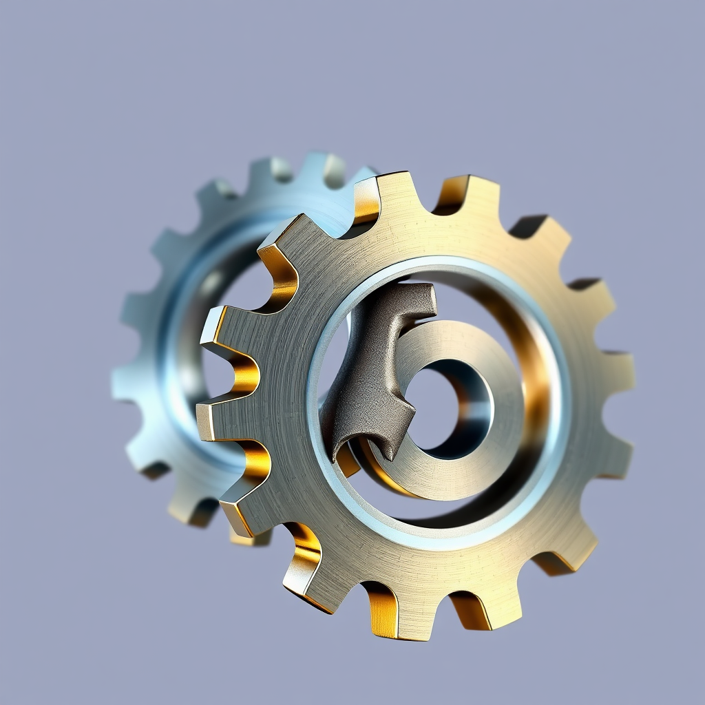 Two interwoven gears, one representing AI software and the other representing AI training, both spinning smoothly together. The gears should be metallic and highly detailed, with subtle textures and reflections. The color scheme should be primarily silver and gold, with subtle accents of blue. The style should be technical and precise, emphasizing the seamless integration of software and training.