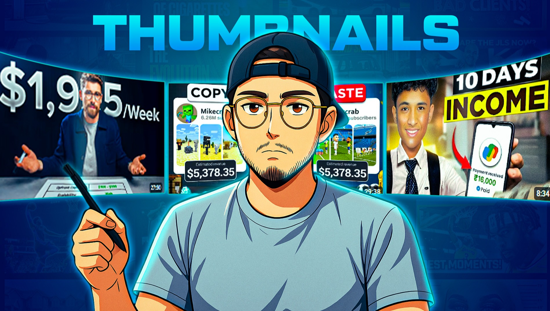 A photorealistic, ultra-high quality 8K image. The scene depicts a brightly lit, modern digital artist's studio. A large monitor displays a vibrant and eye-catching YouTube thumbnail design. Several other monitors surround it, each showcasing different stages of the thumbnail creation process, from initial sketches to final polished versions. Professional graphic design tools such as a stylus and tablet are prominently displayed. The studio has a clean, minimalist aesthetic with pops of color reflecting the thumbnails on display. Focus is on the central monitor's thumbnail. Lighting is soft and diffused, accentuating the colors. Camera angle is a slightly high, wide shot. Textures are realistic, highlighting the detail in the screens and the materials used. Style references: contemporary digital art portfolio, clean and professional. Hyperrealistic rendering.