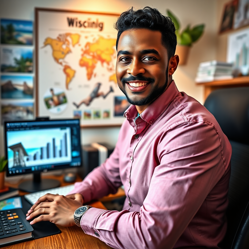 A 4K, high-quality photograph showing Marcus Brantley at his desk. The background should feature inspiring elements such as a vision board with travel photos and financial goals, motivational books, and a second monitor displaying income charts. The lighting should be soft and natural, highlighting Marcus's approachable and trustworthy demeanor. The color palette should be warm and inviting, using earth tones and subtle blues to create a sense of calm and focus. The camera angle should be slightly above eye level, creating a sense of openness and transparency. Textures are crisp and detailed, from the grain of the wooden desk to the texture of the books. Marcus is looking directly at the camera with a confident smile. Style reference: Blend of professional headshot and lifestyle photography, conveying both expertise and approachability.