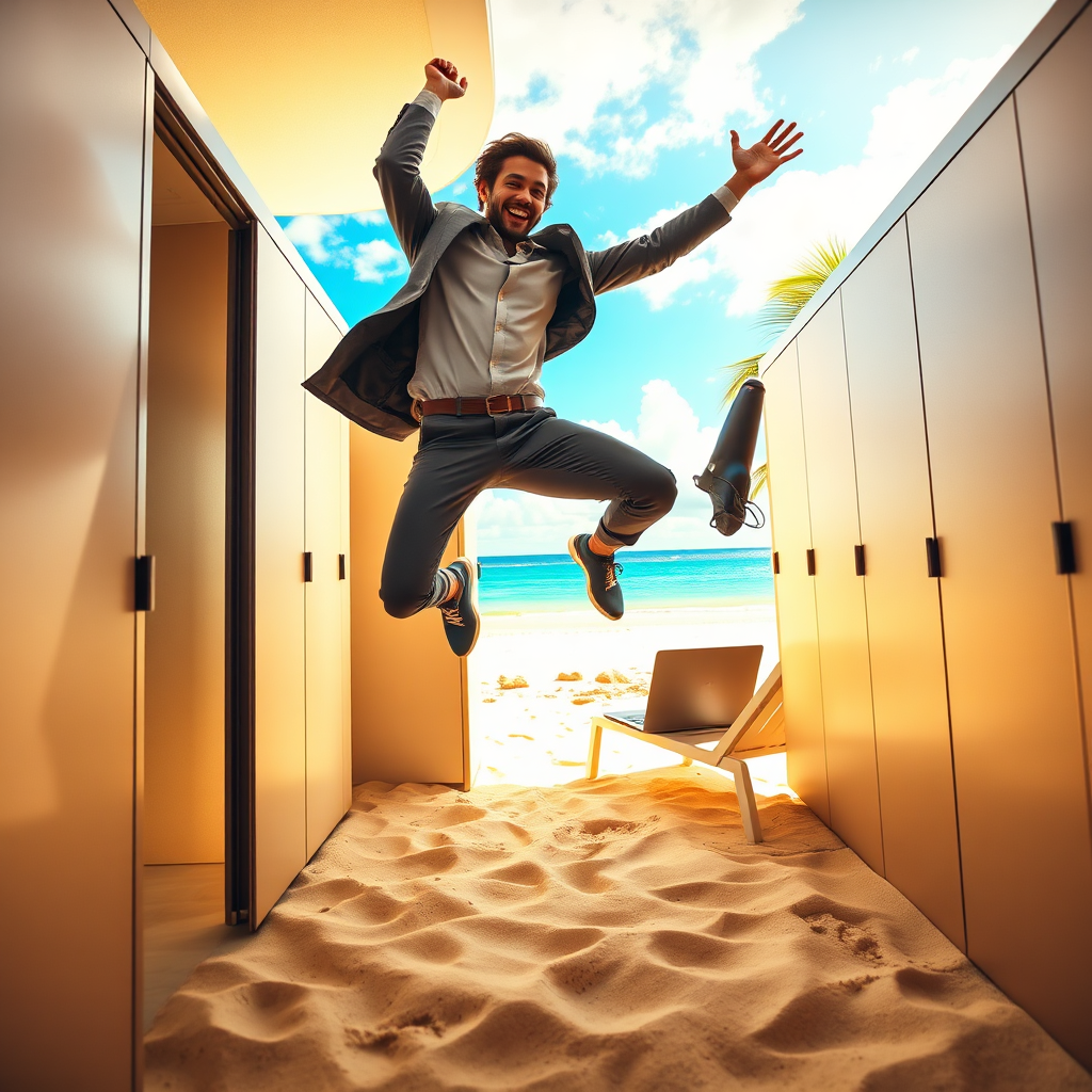 A hyperrealistic, 8K resolution photograph depicting a person joyfully leaping from a cubicle, symbolizing escaping the corporate 9-to-5 grind. The background shows a vibrant, sun-drenched tropical beach with a laptop on a beach chair, representing the freedom of working online. The person should be dressed in smart casual attire, conveying success and approachability. The lighting is warm and inviting, with a shallow depth of field to focus on the individual. The color palette should be bright and optimistic, using blues, yellows, and greens to evoke feelings of freedom and prosperity. The camera angle is slightly low, looking up at the person to emphasize their empowerment. Textures are highly detailed, from the sand grains on the beach to the fabric of the person's clothing. Style reference: a blend of stock photography and lifestyle imagery, emphasizing realism and aspirational living.