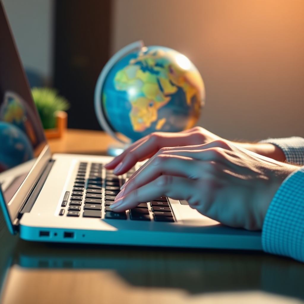 A photorealistic image depicting hands typing on a laptop keyboard, with a globe in the background. The globe represents the global nature of freelancing, and the keyboard symbolizes the act of working online. The image is lit with warm lighting. Color palette uses a bright, professional mixture of blues and greens. Style reference: a mix of lifestyle photography and professional stock images.
