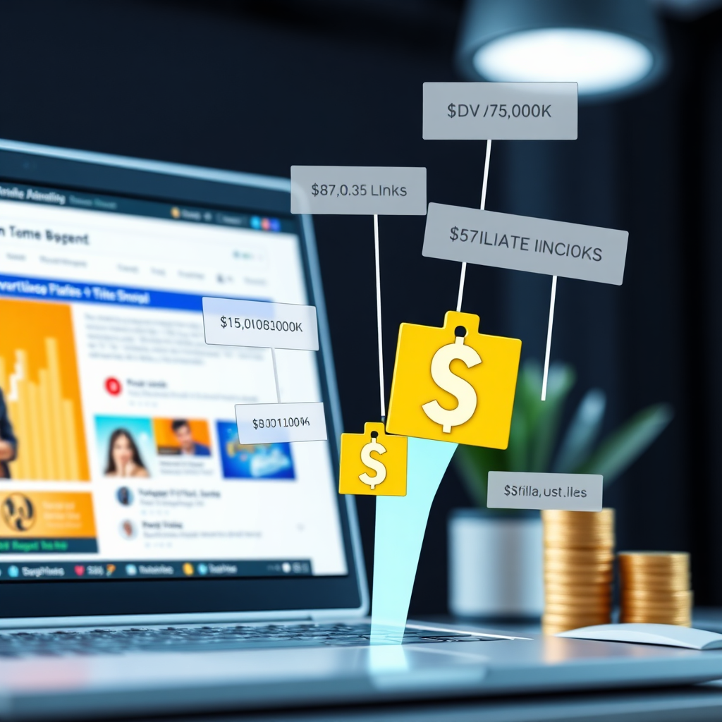  A photorealistic image depicting various income streams flowing into a blog's interface. The income streams include advertising banners, affiliate links, and digital product sales. The interface is clean and modern, with clear visual representations of each income source. The scene is brightly lit and colorful, conveying a sense of financial success and opportunity. Style: Blend of UI/UX design and business-oriented imagery.