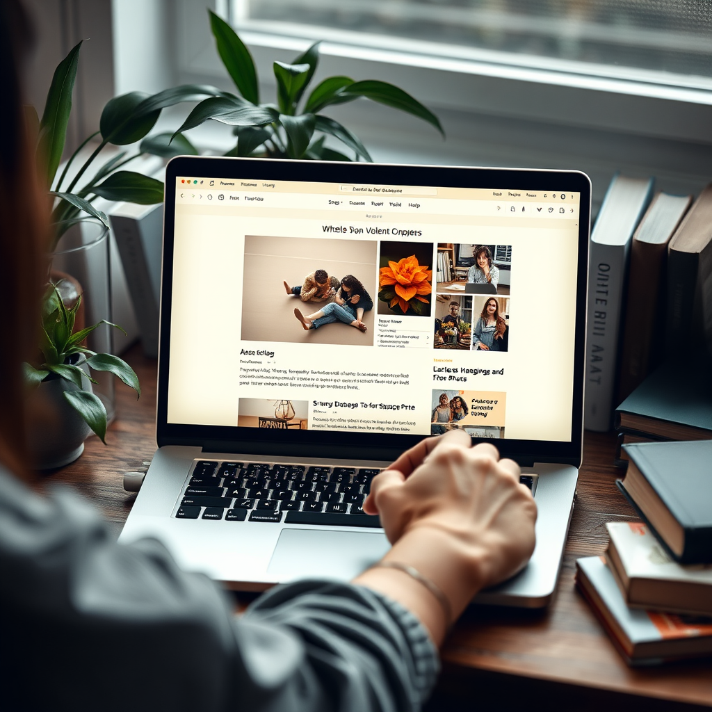  A photorealistic image depicting a person working on a laptop, surrounded by plants and books. The laptop screen displays a blog post with engaging visuals and well-written content. The scene should convey a sense of creativity and productivity, with soft, natural lighting and a warm color palette. Style: Blend of lifestyle and stock photography.
