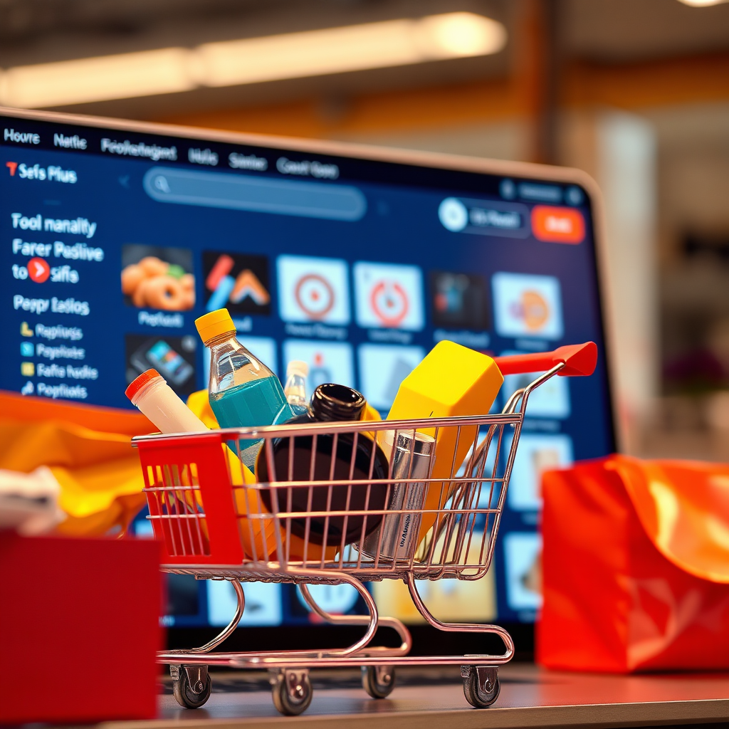 A photorealistic image depicting various products being placed into a shopping cart on a website. The products are diverse, representing different categories. The user is in the background is clicking the 'checkout' button. The image is lit with a professional, commercial style lighting. Color palette uses a bright blend of reds, yellows and blues. Style reference: Ecommerce marketing.