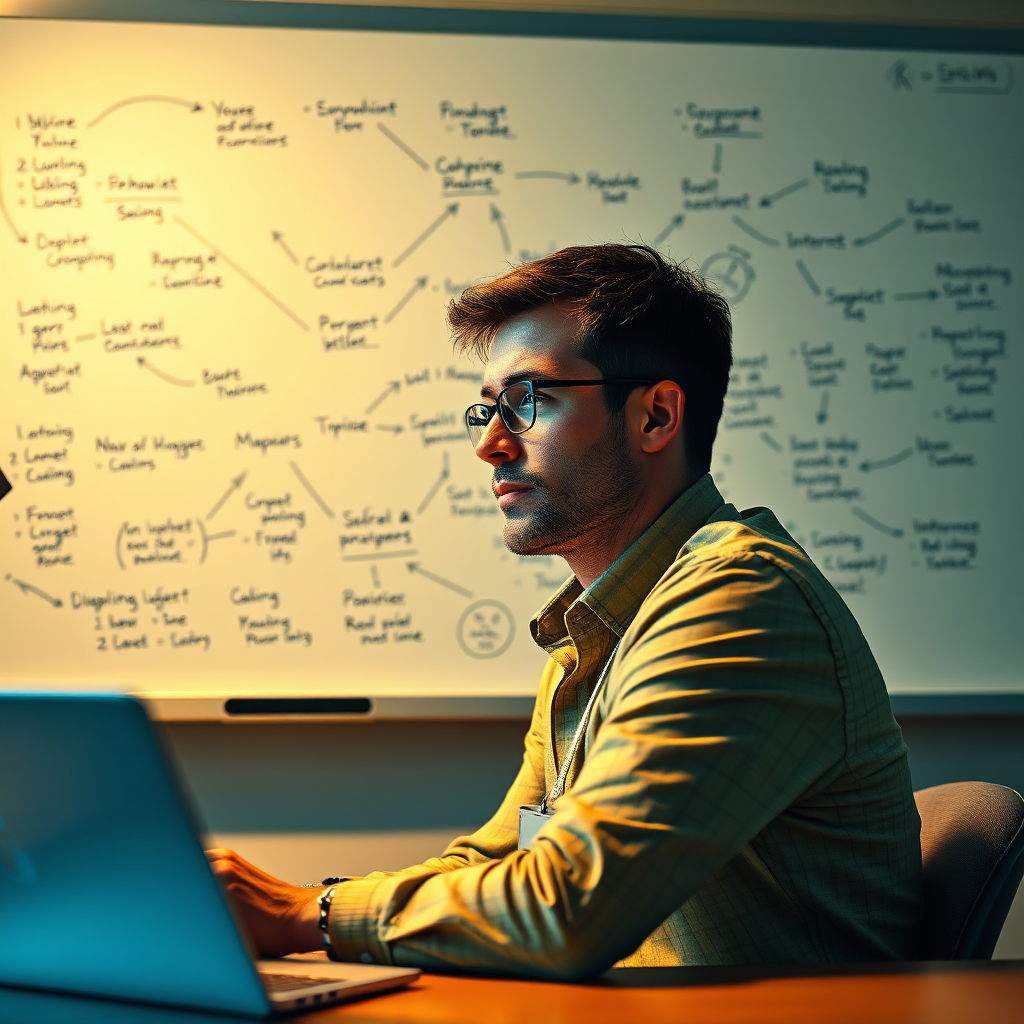  A photorealistic image depicting a person sitting at a desk, brainstorming ideas on a whiteboard. The whiteboard is filled with various topics and interests, connected by lines and arrows. The lighting is soft and focused, highlighting the person's concentration and the ideas on the board. The color palette is bright and inviting, using yellows, greens, and blues to evoke creativity and innovation. The camera angle is slightly zoomed in, focusing on the person's face and the whiteboard. Style reference: A blend of stock photography and creative content, emphasizing the power of brainstorming.