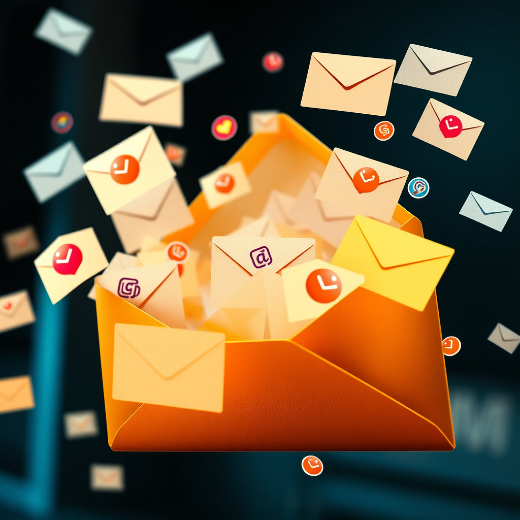 A photorealistic image depicting an email inbox overflowing with messages, each message representing a potential customer. The inbox is brightly lit and colorful, with positive, inviting icons associated with each email. Style Reference: blend of UI design and lifestyle photography.