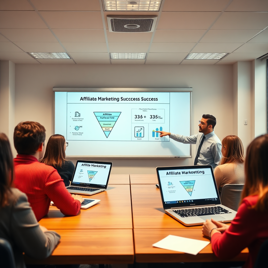 A photorealistic image of a classroom setup, but the students are represented by laptops displaying affiliate marketing success metrics. The instructor is pointing to a whiteboard with an affiliate marketing funnel diagram. The lighting is bright and professional, creating an atmosphere of learning and achievement. Style reference: Blend of traditional education and modern digital marketing.