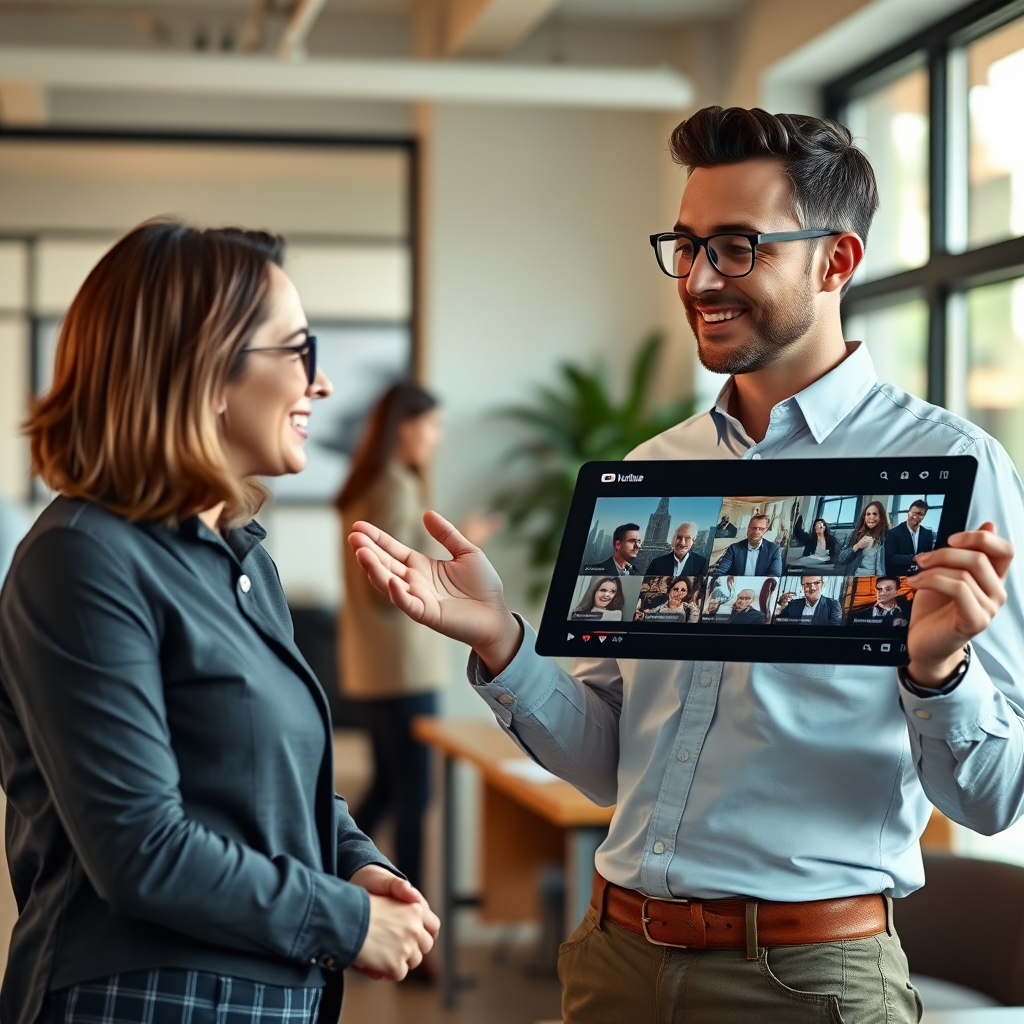 A photorealistic image of a designer presenting their YouTube thumbnail portfolio to a potential client. The designer is confidently showcasing their best work, while the client is engaged and impressed. The environment is a modern office space, with natural light and a professional atmosphere. The color palette is warm and inviting, creating a sense of trust and collaboration. The camera angle is a medium shot, capturing the interaction between the designer and the client. The texture details are sharp and clear, emphasizing the quality and professionalism of the presentation. Technical specs: 4K resolution, high quality.