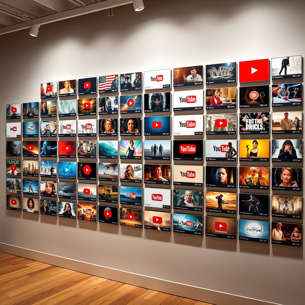 A photorealistic image of a gallery wall showcasing a diverse collection of YouTube thumbnails. The thumbnails represent a wide range of styles, themes, and color palettes, demonstrating versatility and creativity. The lighting is soft and inviting, highlighting the details of each thumbnail. The camera angle is a medium shot, capturing the overall diversity and visual appeal of the collection. The texture details are sharp and clear, emphasizing the quality and resolution of the thumbnails. The environment is a modern art gallery. Technical specs: 4K resolution, high quality.