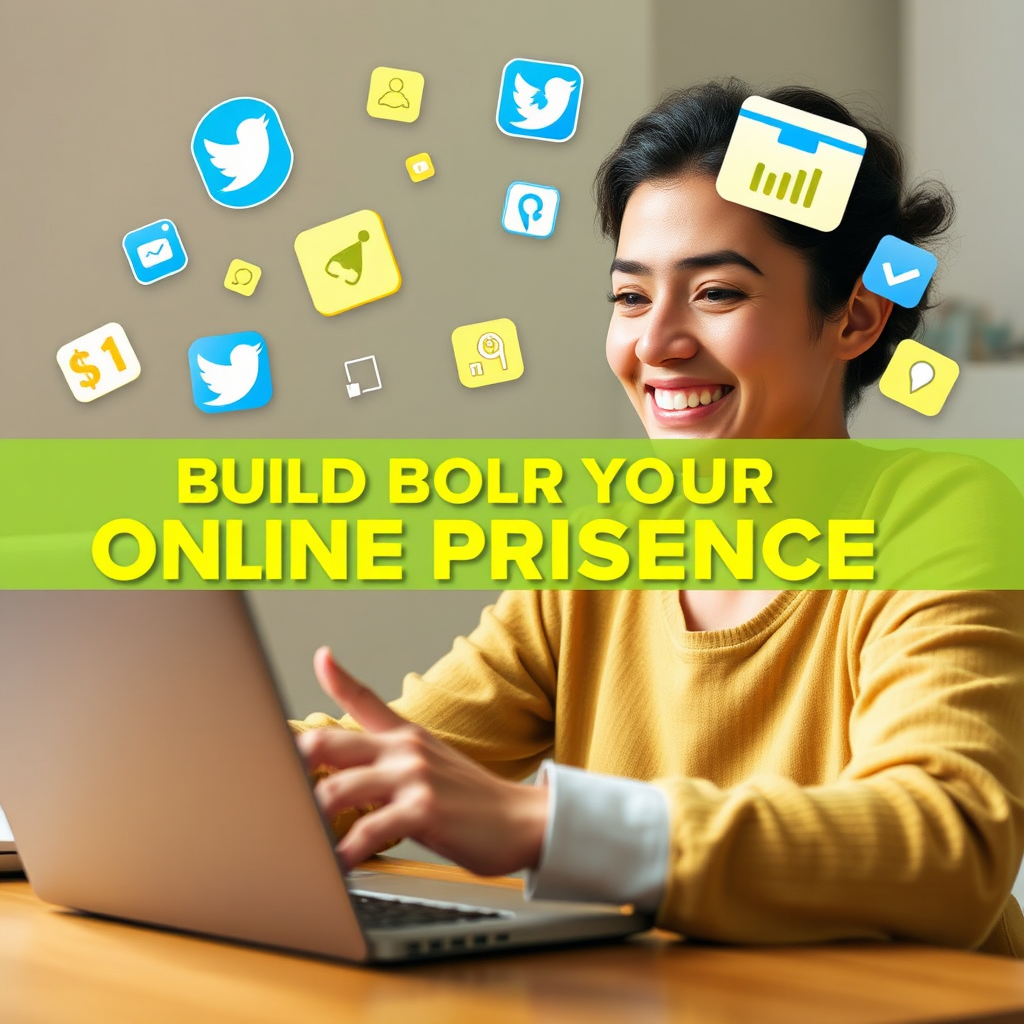  A photorealistic image of a person interacting with a laptop, with social media icons and website elements floating around them. The person is smiling and engaged, conveying the importance of building an online presence. The lighting is soft and natural, highlighting the person's enthusiasm. The color palette is bright and vibrant, using yellows, greens, and blues to evoke feelings of connection and community. Style reference: lifestyle photography blended with digital art, emphasizing the power of online presence.