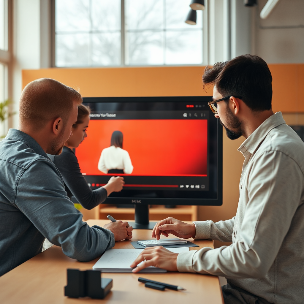 A photorealistic image of a team of designers collaborating on a YouTube thumbnail portfolio design. The designers are working on a large digital display, discussing ideas and refining the layout. The environment is a modern design studio, with natural light and a creative atmosphere. The color palette is warm and inviting, creating a sense of collaboration and innovation. The camera angle is a medium shot, capturing the interaction and teamwork of the designers. The texture details are sharp and clear, emphasizing the quality and professionalism of the design process. Technical specs: 4K resolution, high quality.