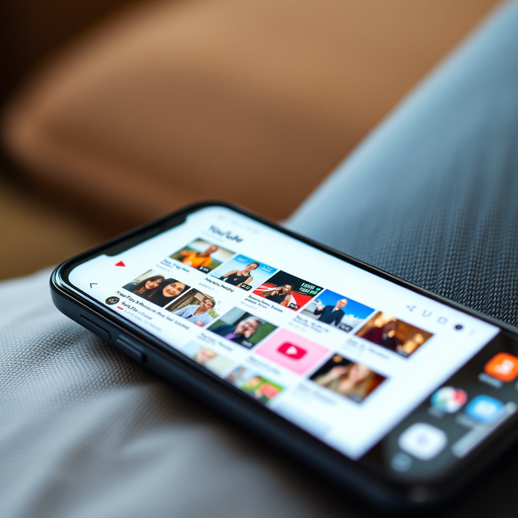 A photorealistic image of a YouTube thumbnail portfolio displayed on a smartphone. The portfolio is perfectly optimized for mobile viewing, with a clean and responsive layout. The lighting is soft and natural, highlighting the details of the thumbnails. The camera angle is a medium shot, capturing the smartphone in a comfortable and relatable setting. The color palette is vibrant and engaging, showcasing the thumbnails in their best light. The texture details are sharp and clear, emphasizing the quality and resolution of the mobile display. Technical specs: 4K resolution, high quality.