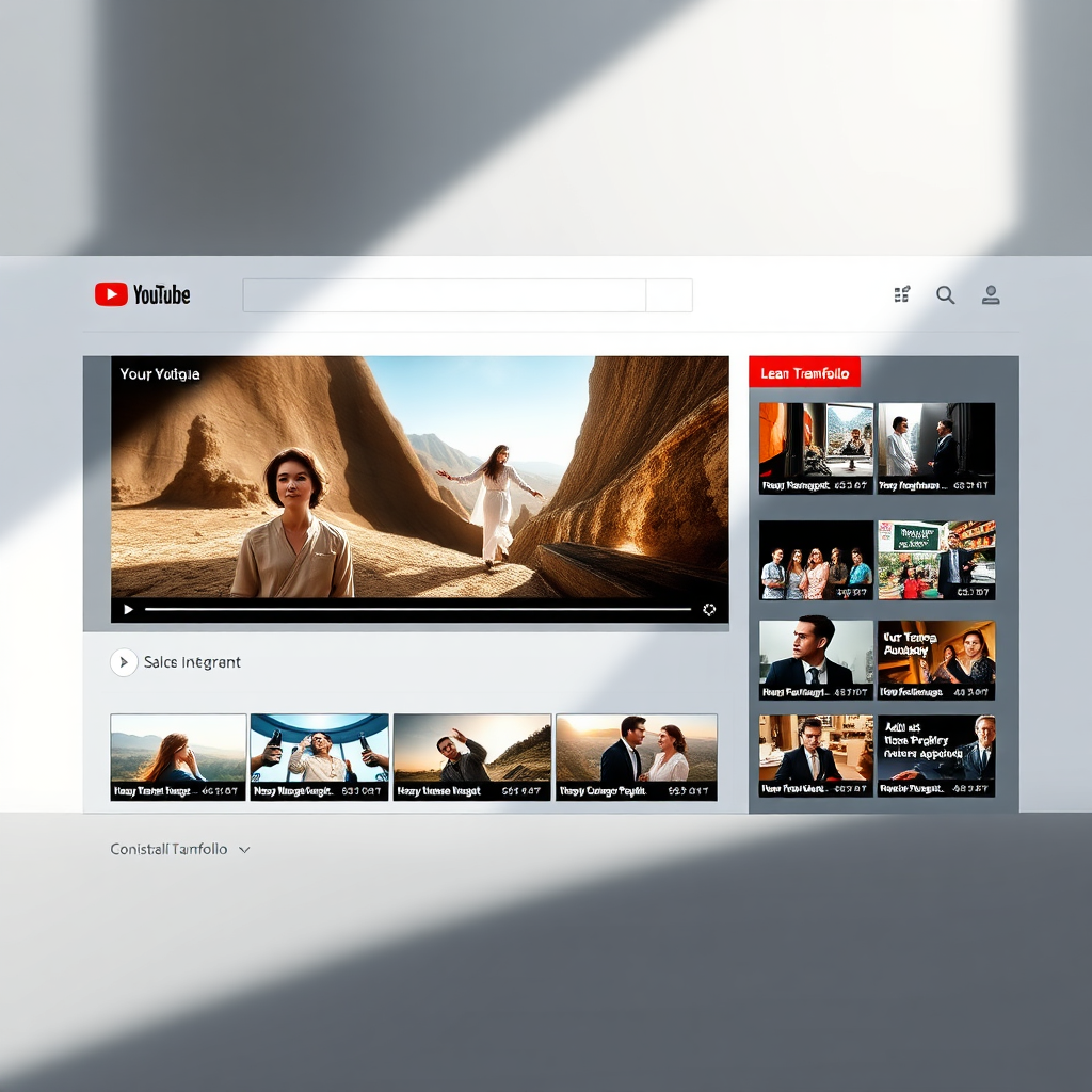 A photorealistic image of a YouTube channel page with a consistently branded thumbnail portfolio. The portfolio seamlessly integrates with the channel's overall visual identity, creating a cohesive and professional look. The lighting is soft and natural, highlighting the unity and consistency of the branding. The camera angle is a medium shot, capturing the overall impact of the brand integration. The texture details are sharp and clear, emphasizing the quality and professionalism of the design. Technical specs: 4K resolution, high quality.