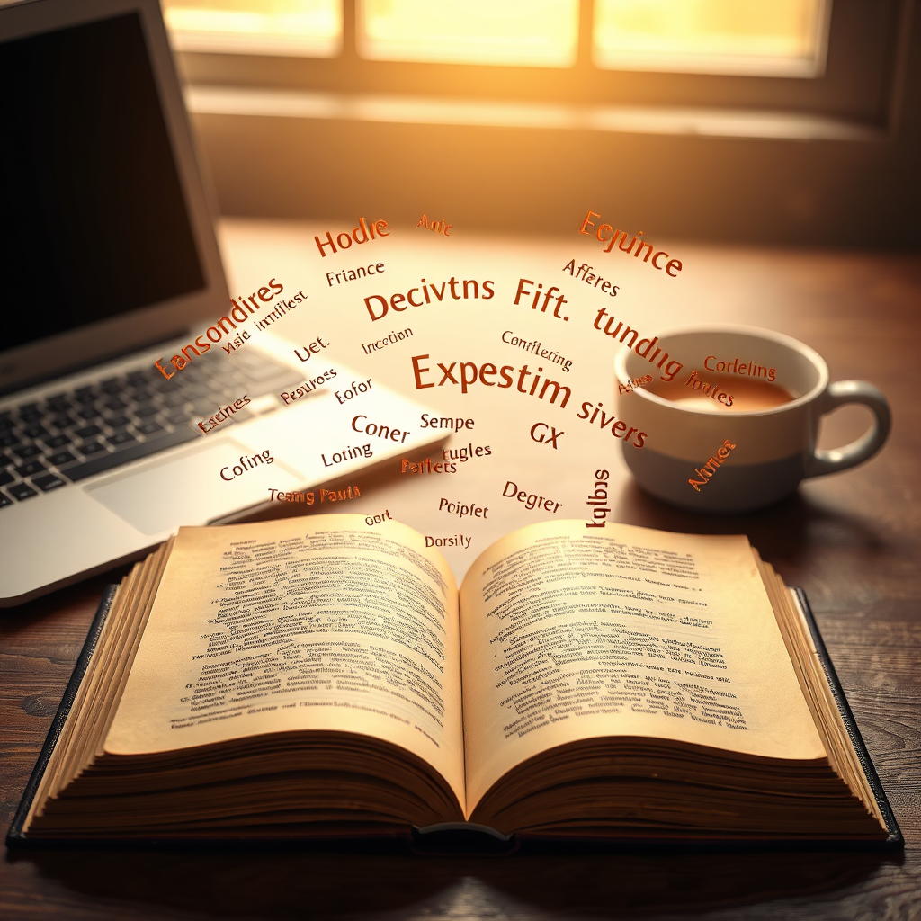 A photorealistic image of an open book with words floating off the page and forming a crown above the book. The book is placed on a desk with a laptop and a cup of coffee, implying the context of writing and content creation. Lighting is soft and focused on the book. Color palette uses warm hues of gold and browns. Style reference: A mixture of fantasy and professional stock photography.
